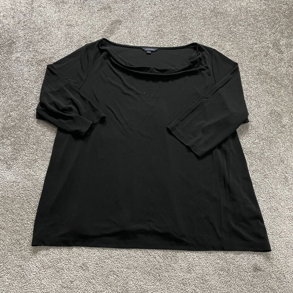 Lands' End Blouse Womens 3XL Solid Black 3/4 Sleeve Cowl Neck Stretch Casual Top